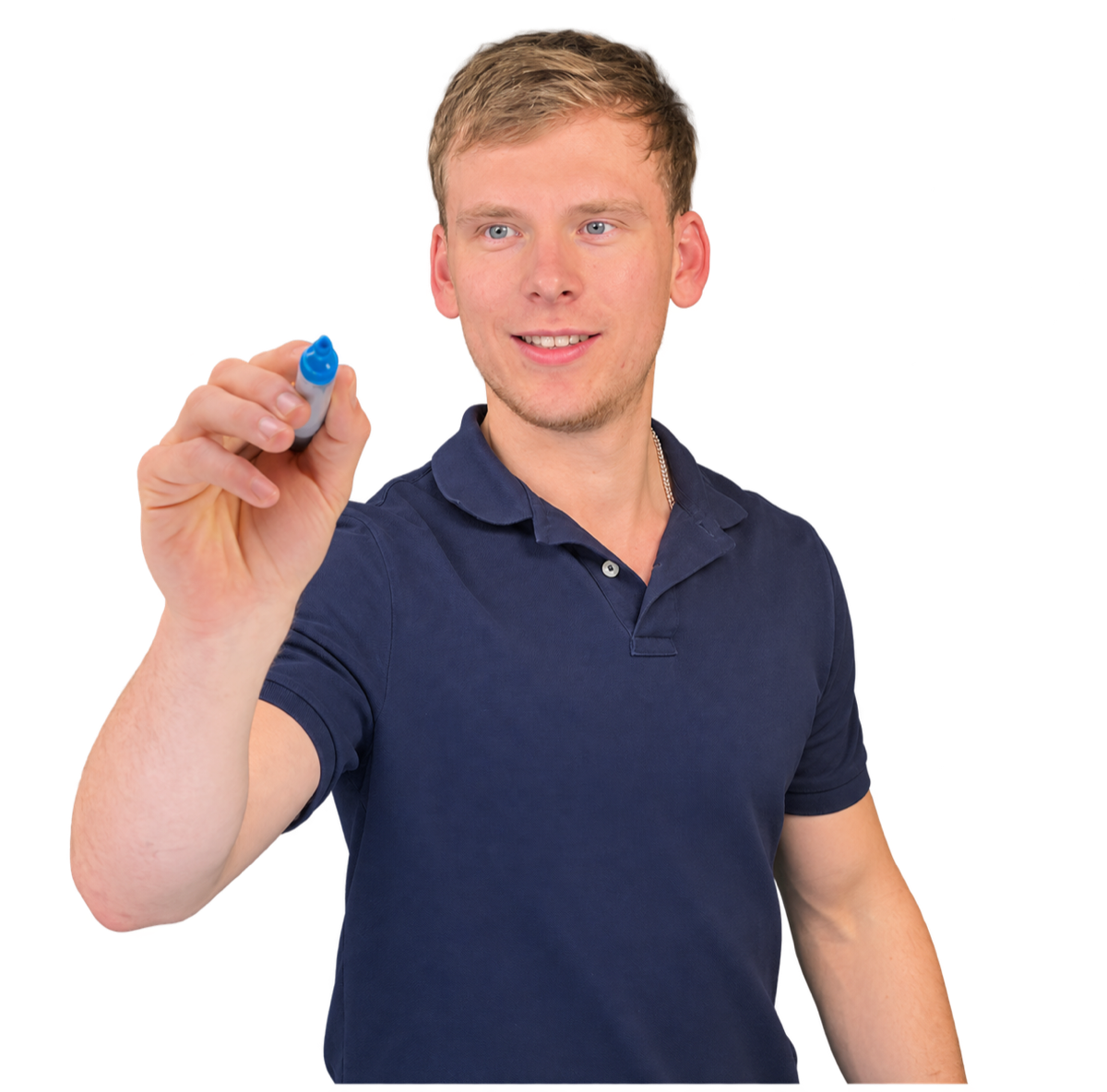 Olivier holding a blue marker toward the viewer