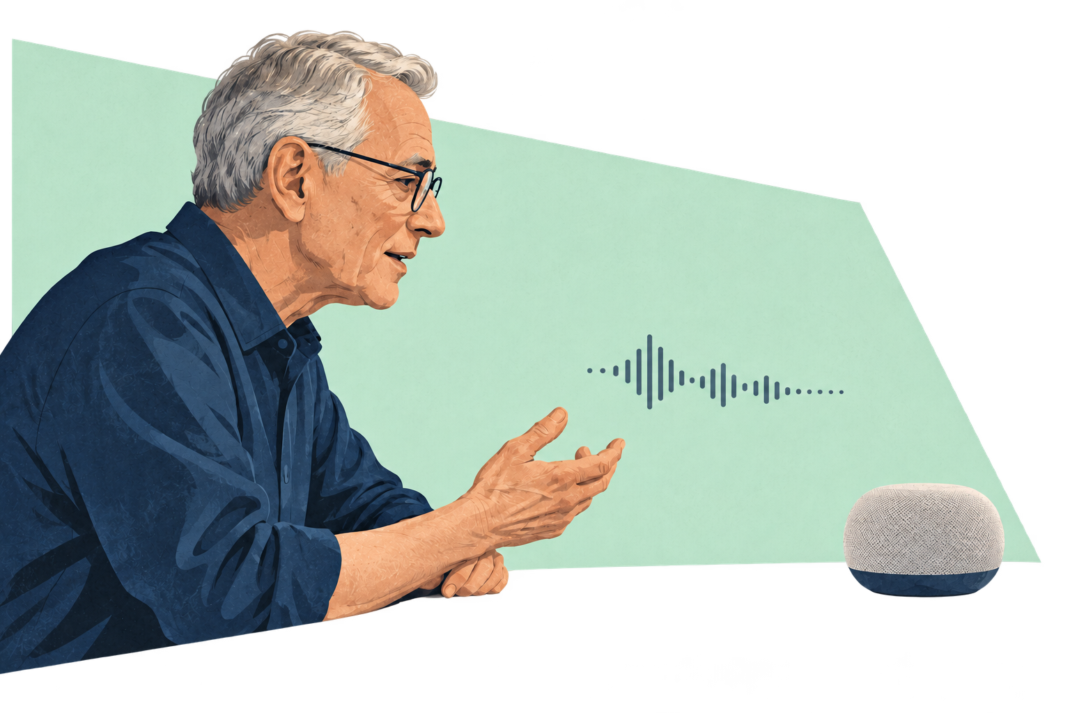 Illustration of an older adult speaking to a voice assistant