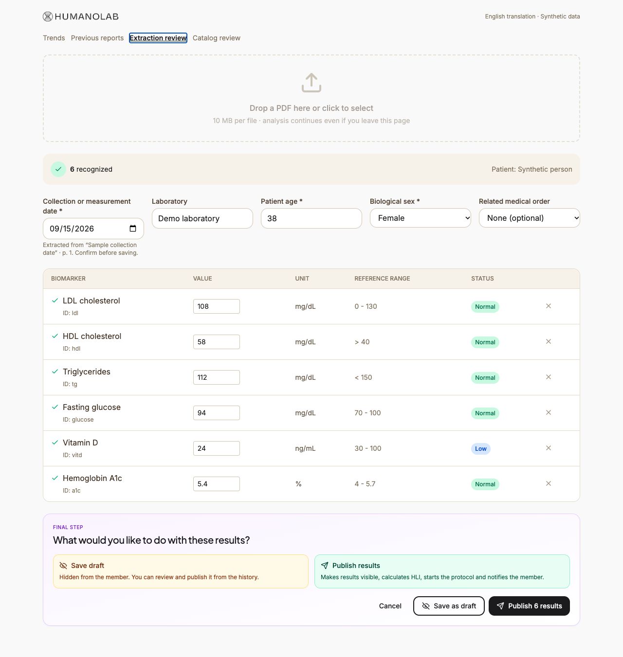 Existing extraction review form with editable values and a confirmed collection date